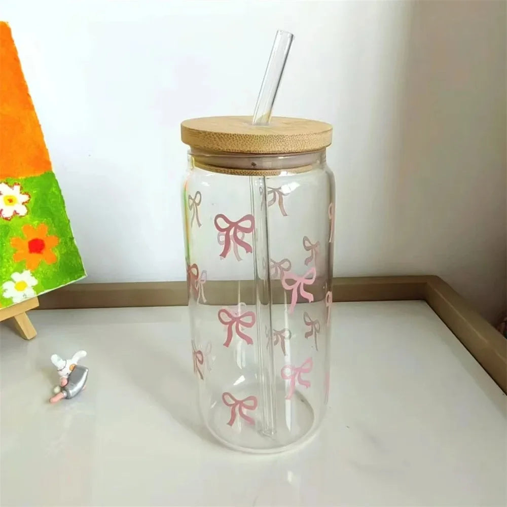 Cute Glass Tumbler with Straw
